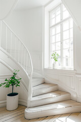 A white staircase with a plant in a pot on the bottom step