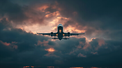 Airplane approaching runway at sunset.