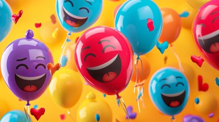 Celebrate world laughter day. Joyful emoticon balloons. Copy space