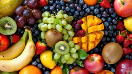 Heart-shaped dish overflowing with a vibrant assortment of fresh fruits, promoting health and happiness