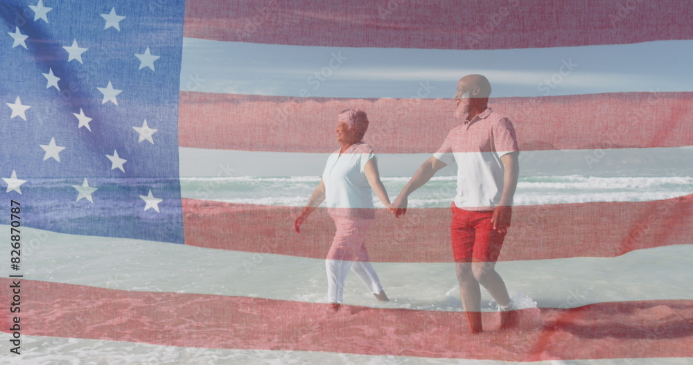 Poster Diverse couple holding hands, walking on beach with blue background