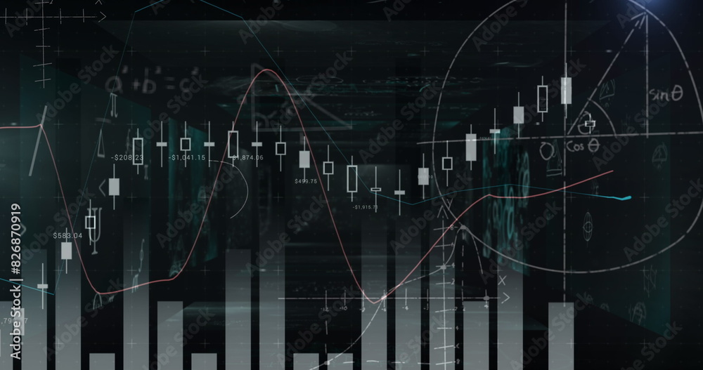 Poster complex mathematical formulas and graphs overlaying digital screen