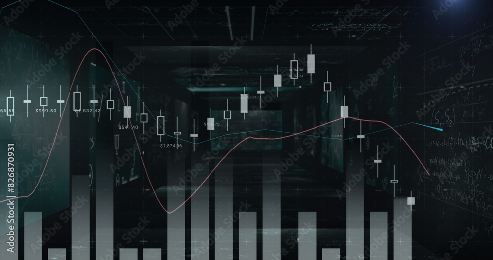 Poster graphs and charts displaying financial data floating in dark room