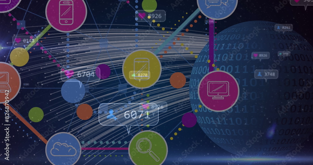 Poster digital icons representing technology, data floating across dark starry background