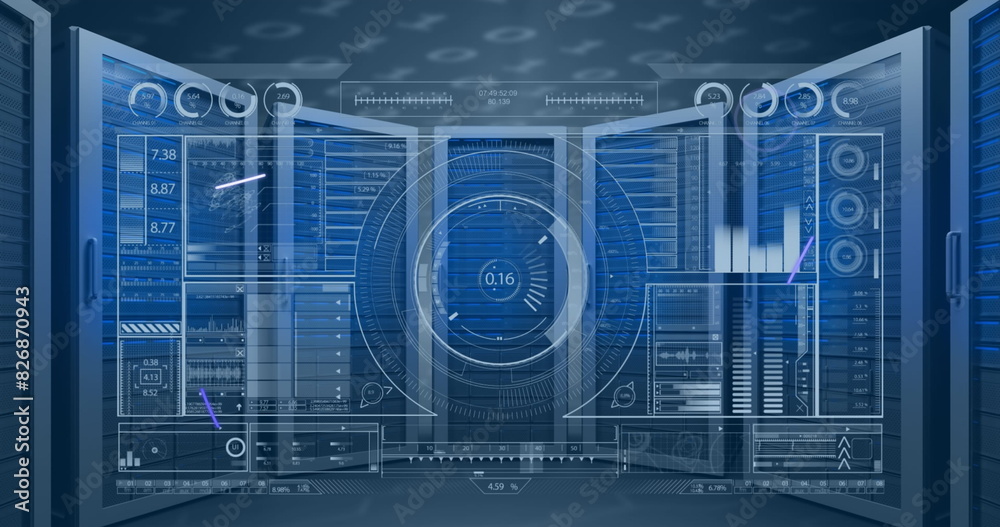 Poster blue digital interface displaying various graphs and numerical data dominates view