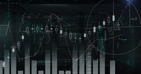 Complex mathematical formulas and graphs overlaying digital screen