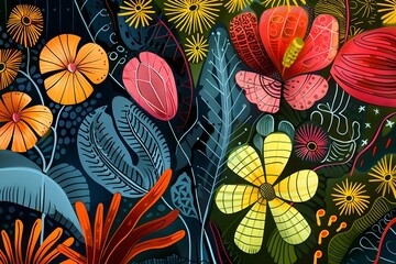 A colorful painting of flowers and leaves. The painting is full of bright colors and has a lively, cheerful mood. The flowers are arranged in a way that creates a sense of movement and energy