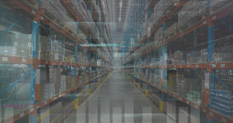 Rows of shelves in warehouse holding various boxes
