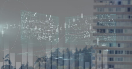 Mathematical equations and diagrams floating over cityscape