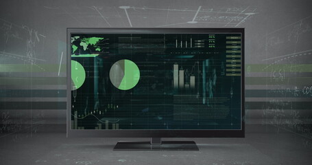 A large monitor displaying complex data charts stands in front of chalkboards