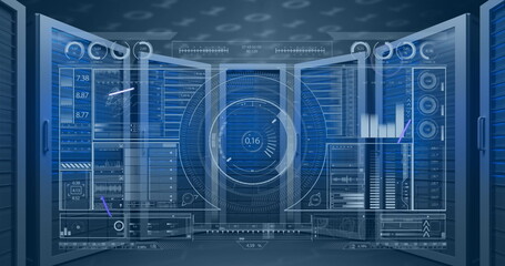 Blue digital interface displaying various graphs and numerical data dominates view