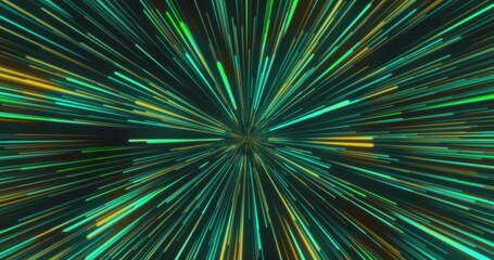 Obraz premium Bright green and blue lights stretching outward from center