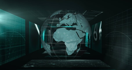 A glowing digital globe floating in dark data center