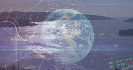 Digital graphs on economic trends overlay serene coastal landscape