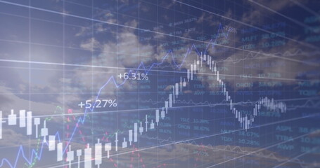 Stock market charts and numbers overlaying cloudy sky