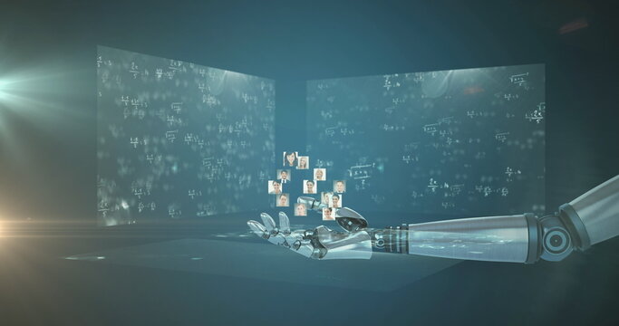 Robot hand interacts with floating screens showcasing math equations and faces - Powered by Adobe