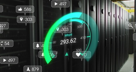Image of data processing and server room over speedometer