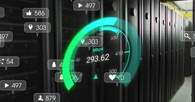 Image of data processing and server room over speedometer