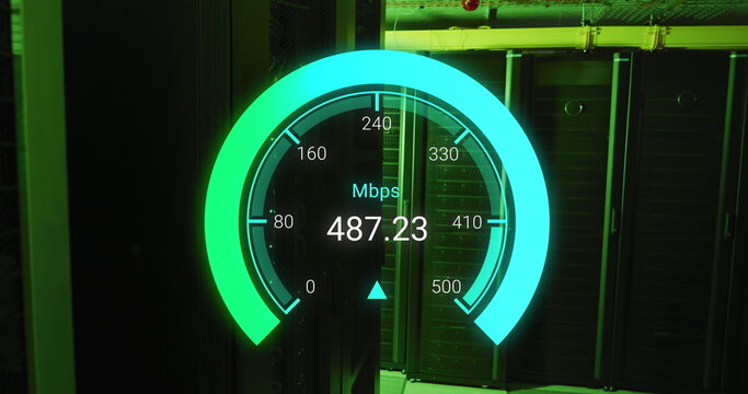 Image of data processing and server room over speedometer