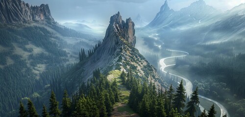 A dramatic view of a jagged mountain peak with sheer cliffs, surrounded by dense pine forests and a...