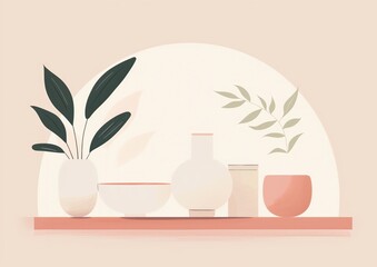 Minimalist Modern Home Decor with Ceramic Vases and Botanical Elements on Shelf
