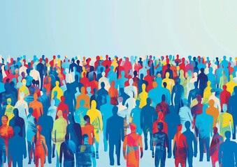 Colorful Illustration of Diverse Crowd of People on Blue Background