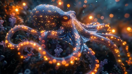 squidlike alien with bioluminescent tentacles on an oceanic planet with coral reefs and glowing marine life