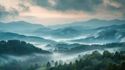 Mountain landscape covered in fog during early morning