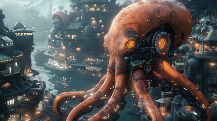 squidlike alien with cybernetic tentacles on an oceanic planet with underwater cities and bioluminescent marine life