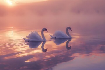 Fototapeta premium Swans gracefully gliding across a glassy lake