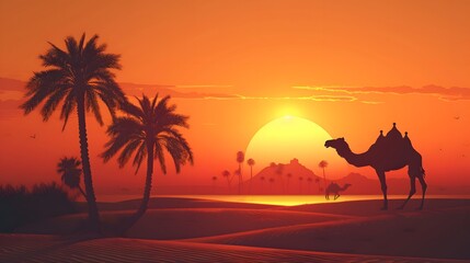 arabesque web horizontal banner, camel and palm tree silhouette, beautiful sunlight, sunset, sunrise, islamic background template illustration vector
