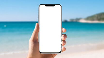 Hand holding a smartphone with a blank screen against a backdrop of a sunny beach and turquoise ocean, ready for mockup with copy space for customization or advertisement