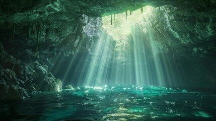 A magical underwater cave illuminated generated by AI