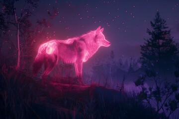 A wolf is standing on a hill in a forest with a pink glow surrounding it. The image has a dreamy, ethereal quality to it, as if the wolf is a mystical creature from another world