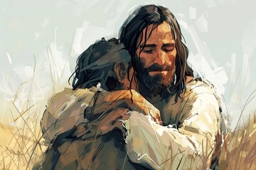 Illustrate a touching cartoon scene portraying Jesus tenderly embracing a leper with expressions of mutual respect and kindness. Using pastel colors and gentle lines, convey a sense of comfort 