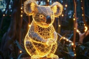 A koala is sitting on a log in a forest. The image is illuminated with lights, giving it a warm and inviting atmosphere