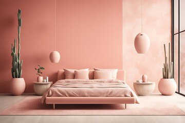 Bedroom in Pastel Peach Fuzz Color Trend 2024 with Panton Furniture. Modern Luxury Room Interior Design. Empty Wall for Art, Wallpaper, or Pictures. 3D Render.