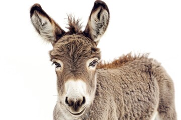 Close-up portrait of a charming baby donkey on a simple white background