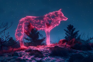 A glowing wolf stands on a rocky hillside. The image has a dreamy, ethereal quality, with the wolf's glowing fur and the surrounding landscape creating a sense of wonder and mystery