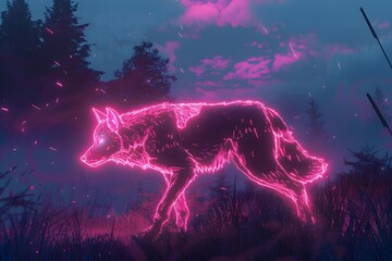 A glowing pink wolf is running through a forest. The image has a dreamy, surreal quality to it, with the glowing wolf appearing almost otherworldly