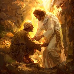 Illustrate a touching cartoon scene portraying Jesus tenderly embracing a leper with expressions of mutual respect and kindness. Using pastel colors and gentle lines, convey a sense of comfort 