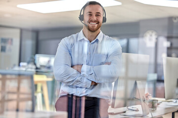 Man, call center and headphones on portrait for technical support in workplace as virtual...
