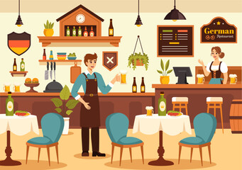 German Food Restaurant Vector Illustration featuring a Collection of Delicious Traditional Cuisine and Drinks on a Flat Style Cartoon Background