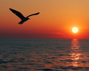 Fototapeta na wymiar Tranquil Sunset Seascape with Flying Seagull Silhouette Against Vibrant Sky