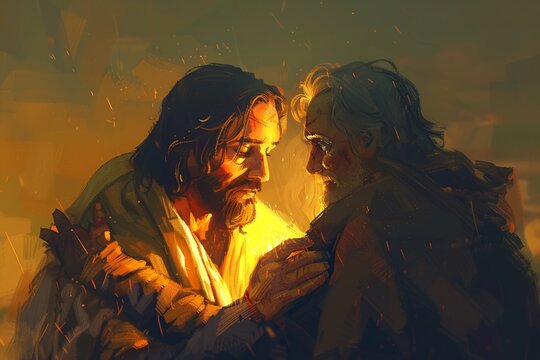 Illustrate a touching cartoon scene portraying Jesus tenderly embracing a leper with expressions of mutual respect and kindness. Using pastel colors and gentle lines, convey a sense of comfort 