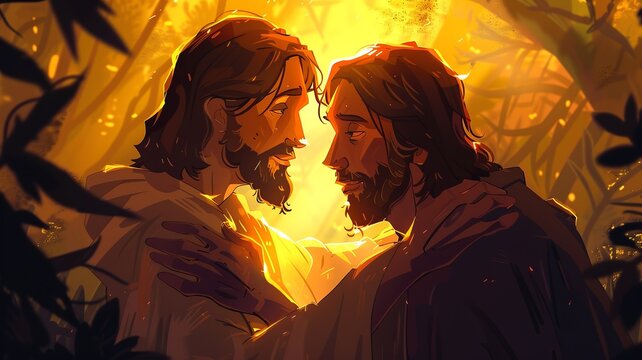 Illustrate a touching cartoon scene portraying Jesus tenderly embracing a leper with expressions of mutual respect and kindness. Using pastel colors and gentle lines, convey a sense of comfort 
