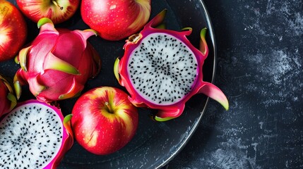 Plentiful dragon fruit and apples on a black and grey dish