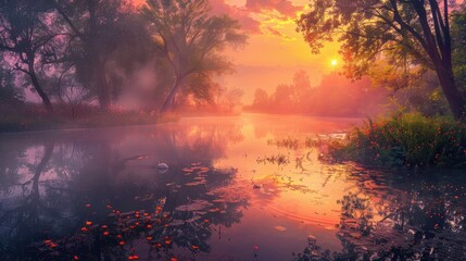 Obraz premium forest with a lake wallpaper. landscape lake forest with fog wallpaper. landscape forest with lake and fog. landscape with a lake and mountains. landscape of mountain lake and forest.