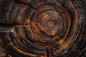 Old wooden oak tree cut surface. Detailed warm dark brown and orange tones of a felled tree trunk or stump. Rough organic texture of tree rings with close up of end grain - generative ai