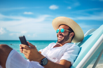 Smiling man in a straw hat and sunglasses using his smartphone at the beach, enjoying a sunny day and relaxing by the ocean